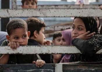 Anak-anak duduk di belakang truk saat warga Palestina berangkat dari bagian utara Gaza untuk meninggalkan Jalur Gaza bagian tengah dan selatan pada 10 November 2023.
