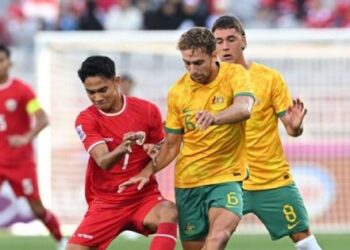 Indonesia vs Australia pada kualifikasi Piala Asia U-23, di Abdullah bin Khalifa Stadium, Kamis (18/4/2024).