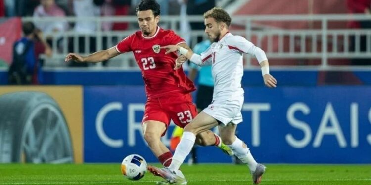 Nathan Tjoe-A-On, pada laga kontra Yordania, di Stadion Abdullah bin Khalifa, Doha, Minggu (21/4/2024) malam WIB.