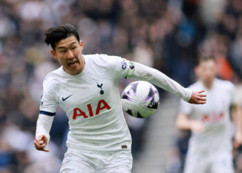 Son Heung-min, pada pertandingan Spurs melawan Arsenal, di Tottenham Hotspur Stadium, Minggu (28/4/2024) malam WIB.