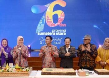 Syukuran dan Halal Bihalal Provinsi Sumut dalam Rangka Hari Jadi ke-76  Sumut dan Idulfitri 1445 H, di Aula Raja Inal Siregar, Kantor Gubernur Sumut, Kamis (18/4/2024).