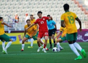 Indonesia vs Australia pada kualifikasi Piala Asia U-23, di Abdullah bin Khalifa Stadium, Kamis (18/4/2024).