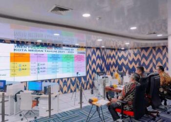 Pemaparan aksi konvergensi penurunan stunting di Kota Medan tahun 2023 secara daring dari ruang Command Center Kantor Wali Kota Medan, Kamis (16/5/2024).