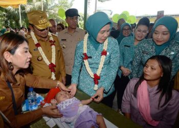 Pj Gubsu dan Pj Ketua Tim PKK Sumut saat berkunjung ke Posyandu Kantil, Desa Padang Brahrang.