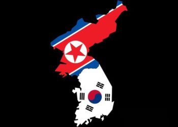 Ilustrasi bendera Korea Selatan dan Korea Utara.