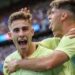 Gelandang Spanyol, Fermin Lopez merayakan gol pertamanya bersama rekan satu timnya dalam pertandingan final medali emas sepak bola putra antara Prancis dan Spanyol, di Parc des Princes di Paris, Jumat (9/8/2024).