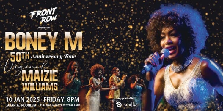 Legenda Disko Boney M. Siap Gelar Konser '50th Anniversary Tour' di Jakarta 1 Grup musik asal Jerman, Boney M. bakal gelar tur konser 50 tahun berkarier bertajuk "50th Anniversary Tour", di Jakarta.