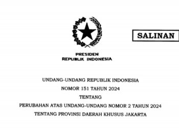 Tangkapan layar dokumen salinan UU Nomor 151 Tahun 2024 sebagai Perubahan Atas UU Nomor 2 Tahun 2024 tentang Daerah Khusus Jakarta (DKJ) yang disahkan Presiden Prabowo di Jakarta pada 30 November 2024.