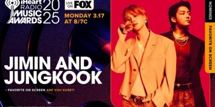 BTS Jimin dan Jungkook Dinominasikan untuk iHeartRadio Music Awards 2025 1 Jimin dan Jungkook diumumkan sebagai nominasi untuk beberapa kategori di 2025 iHeartRadio Music Award.