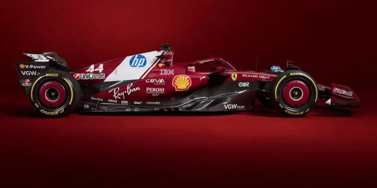 Arungi Musim 2025, Ferrari Luncurkan Desain Mobil SF-25 1 Tampilan dari mobil Ferrari SF-25 yang diluncurkan di London's The O2, London, Rabu (19/2/2025).