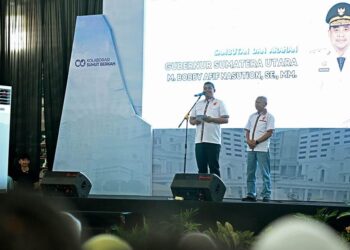 Bobby Nasution saat menghadiri May Day Fair 2025, di Gedung Serba Guna (GSG), Jalan Williem Iskandar Nomor 9, Kabupaten Deliserdang, Kamis (1/5/2025).