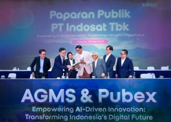 Konferensi pers Rapat Umum Pemegang Saham Tahunan (RUPST) PT Indosat Tbk untuk Tahun Buku 2024, Rabu (28/5/2025).