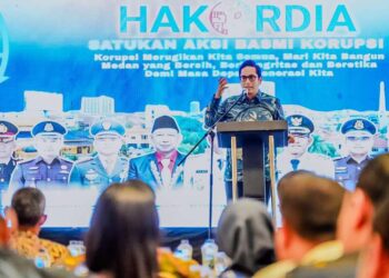 Wali Kota Medan, Rico Waas dalam Peringatan Hari Anti Korupsi Sedunia Kota Medan sekaligus Wasda Kota Medan Tahun 2025.