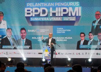 Pelantikan BPD HIPMI Sumut masa bakti 2026-2029, di Tiara Convention Center, Rabu (11/2/2026).
