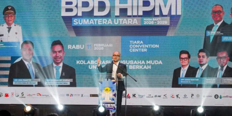 HIPMI Sumut Diharapkan Jadi Motor Penggerak Ekonomi Daerah 1 Pelantikan BPD HIPMI Sumut masa bakti 2026-2029, di Tiara Convention Center, Rabu (11/2/2026).
